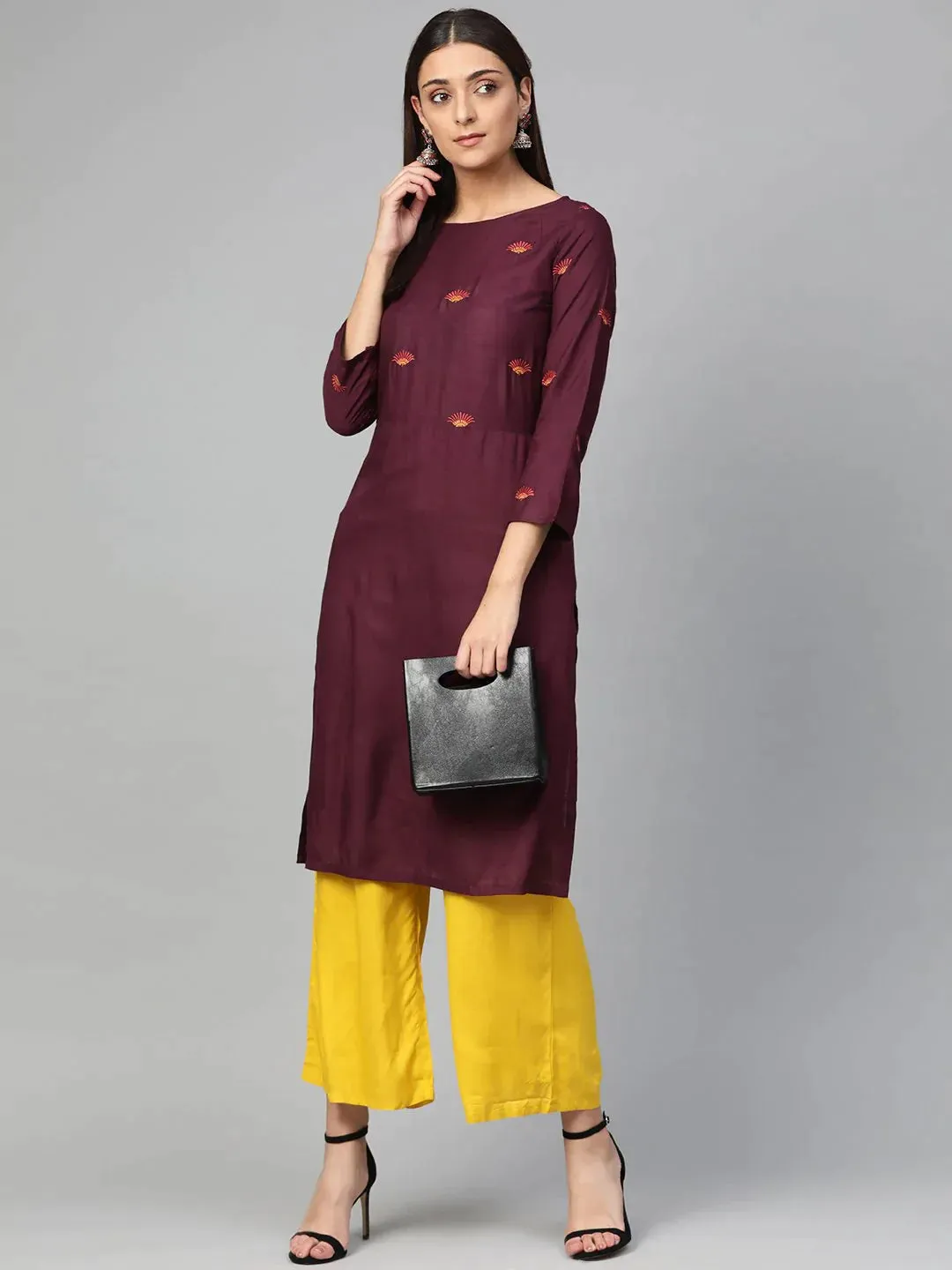 Women Purple Yoke Design Straight Kurta