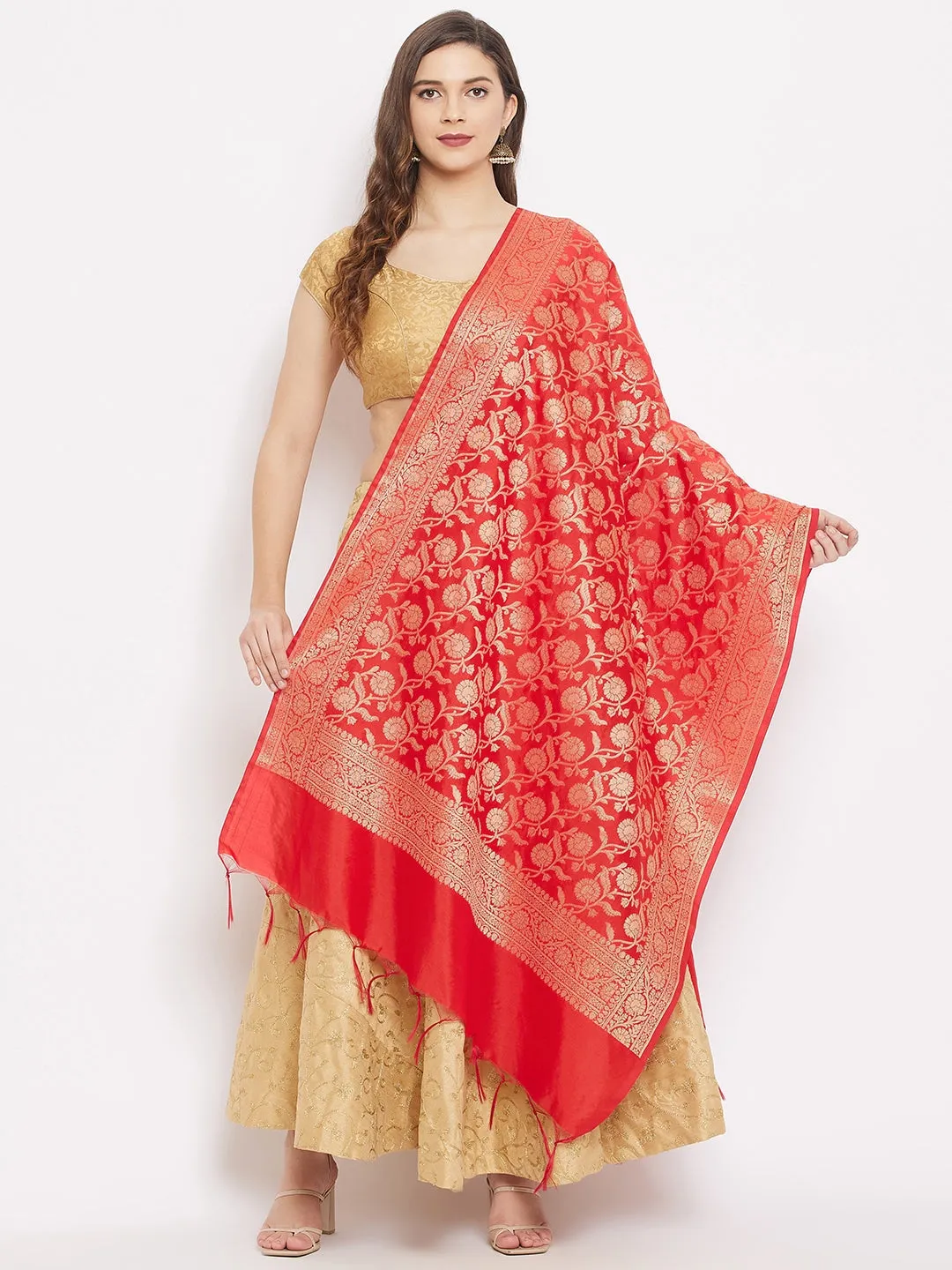 Women Red Banarsi Silk Dupatta