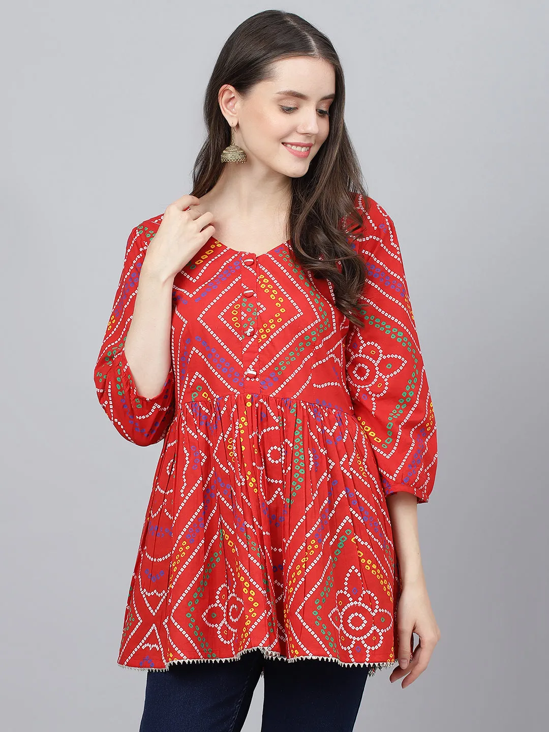 Women Red Bandhani Printed Cotton Peplum Top