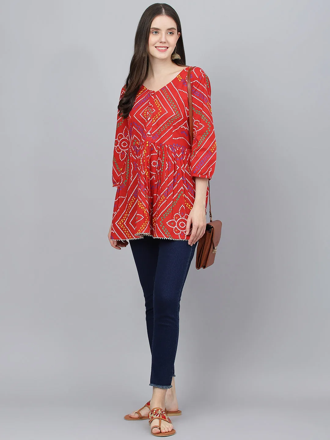 Women Red Bandhani Printed Cotton Peplum Top