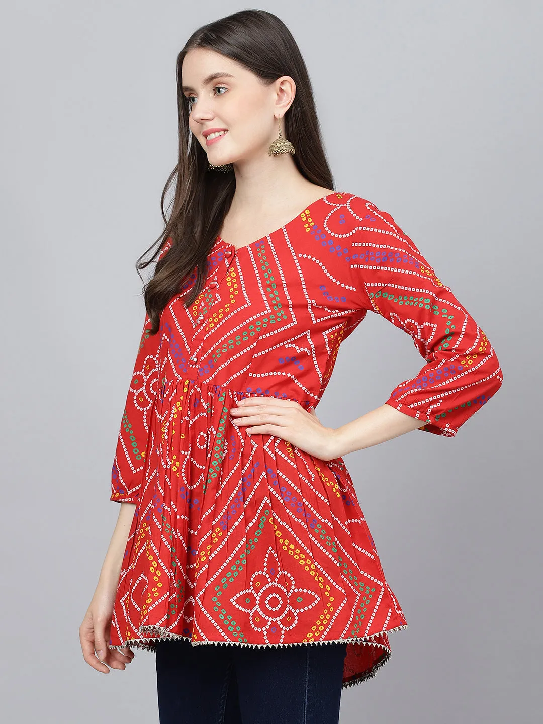 Women Red Bandhani Printed Cotton Peplum Top