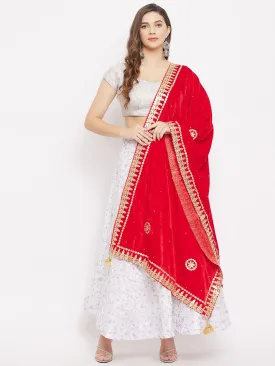 Women Red Velvet Dupatta With Gotta Patti Work