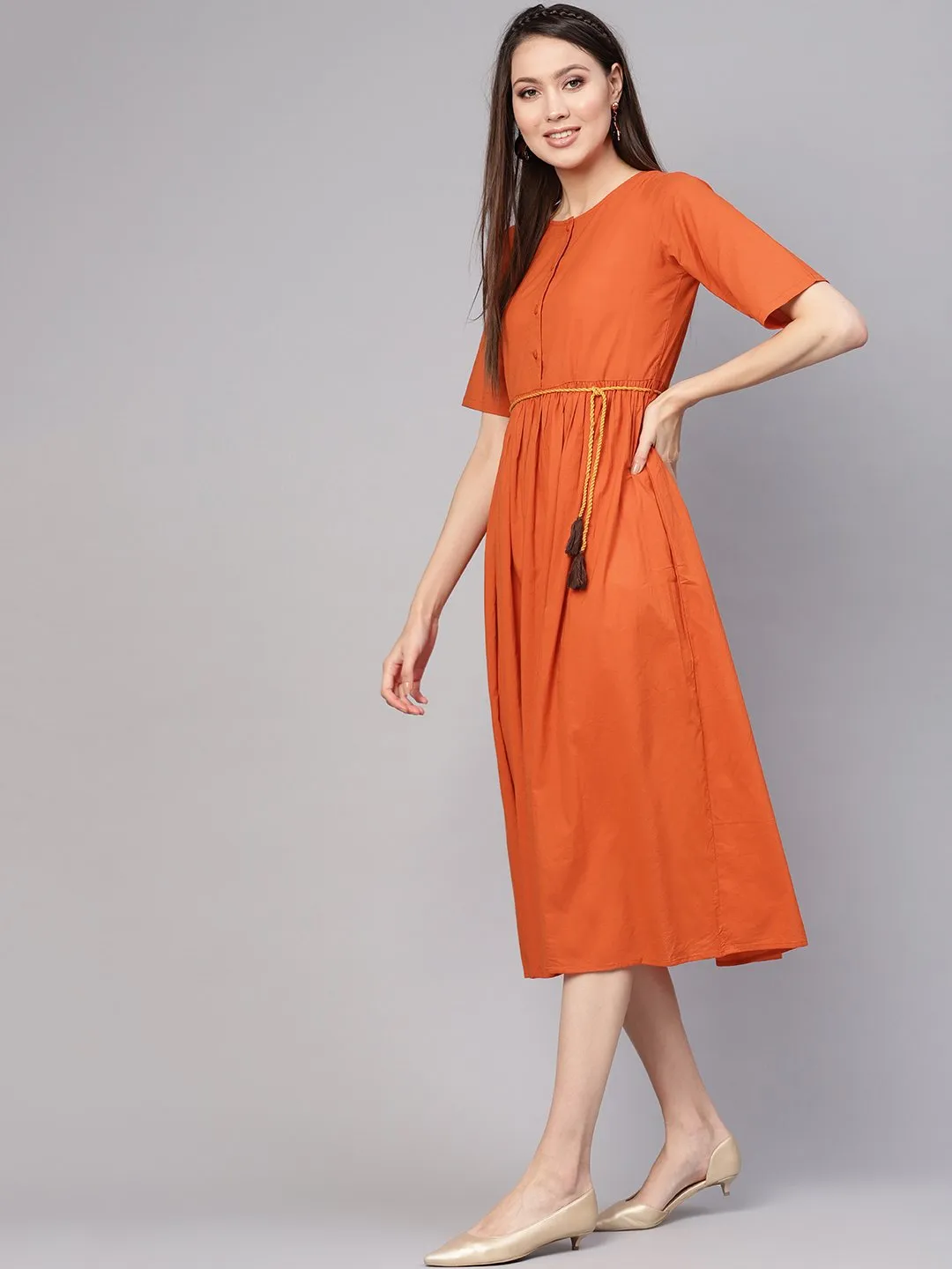 Women Rust Orange Solid A-Line Dress