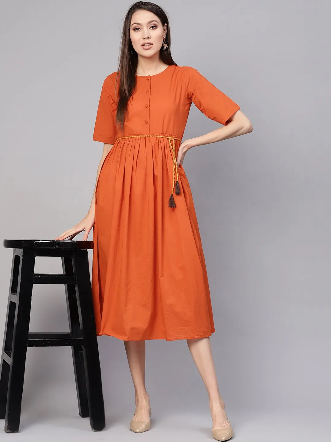 Women Rust Orange Solid A-Line Dress