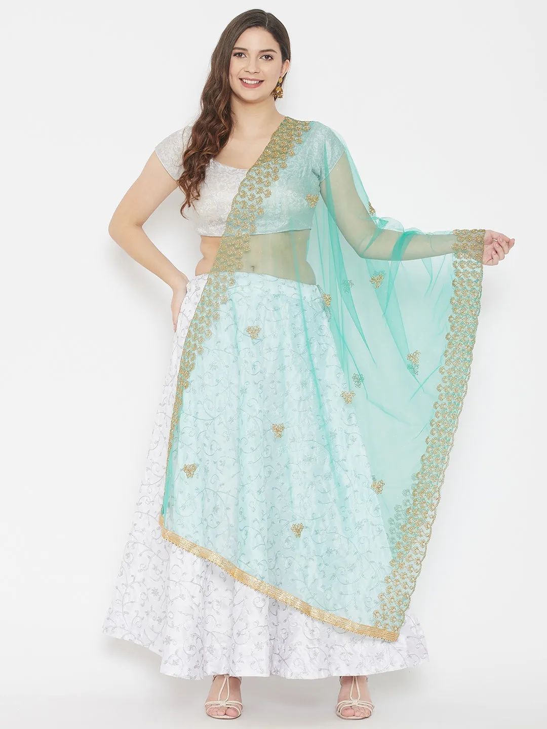 Women Sea Green Embroidered Net Dupatta With Sequinned