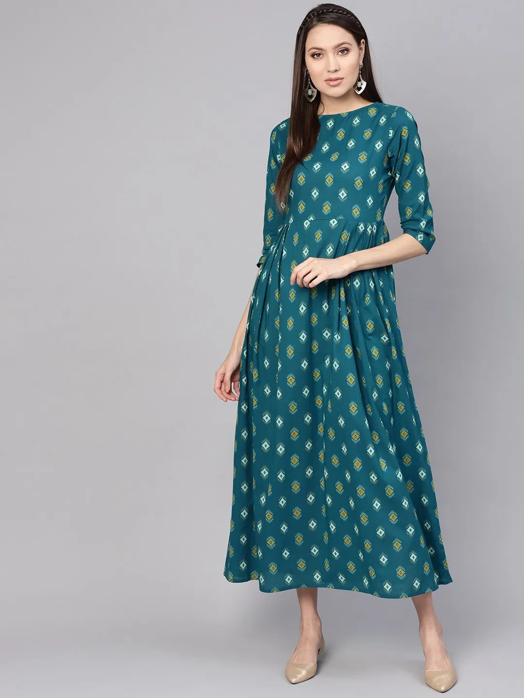 Women Teal Blue & Yellow Printed Maxi Dress