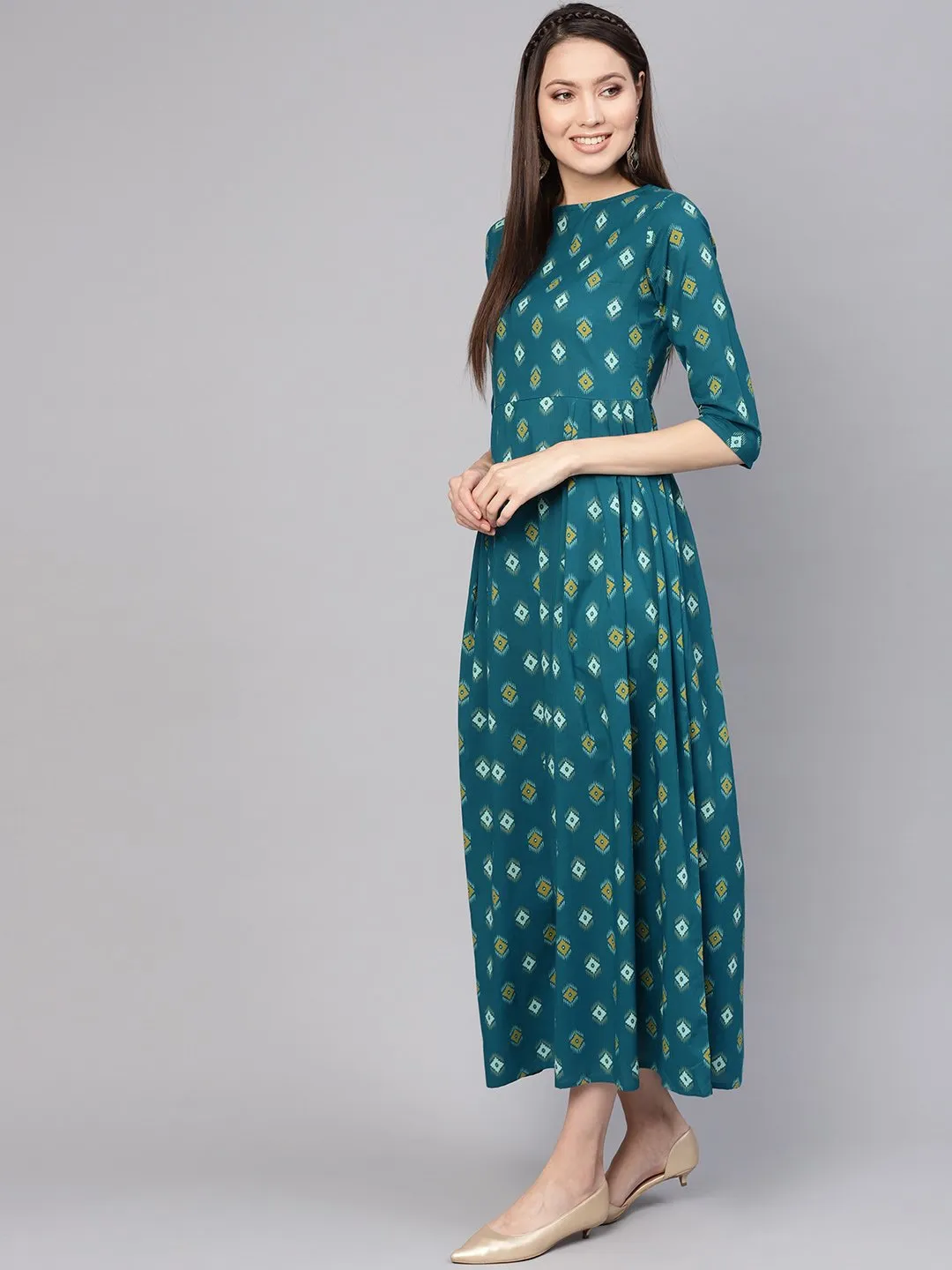 Women Teal Blue & Yellow Printed Maxi Dress