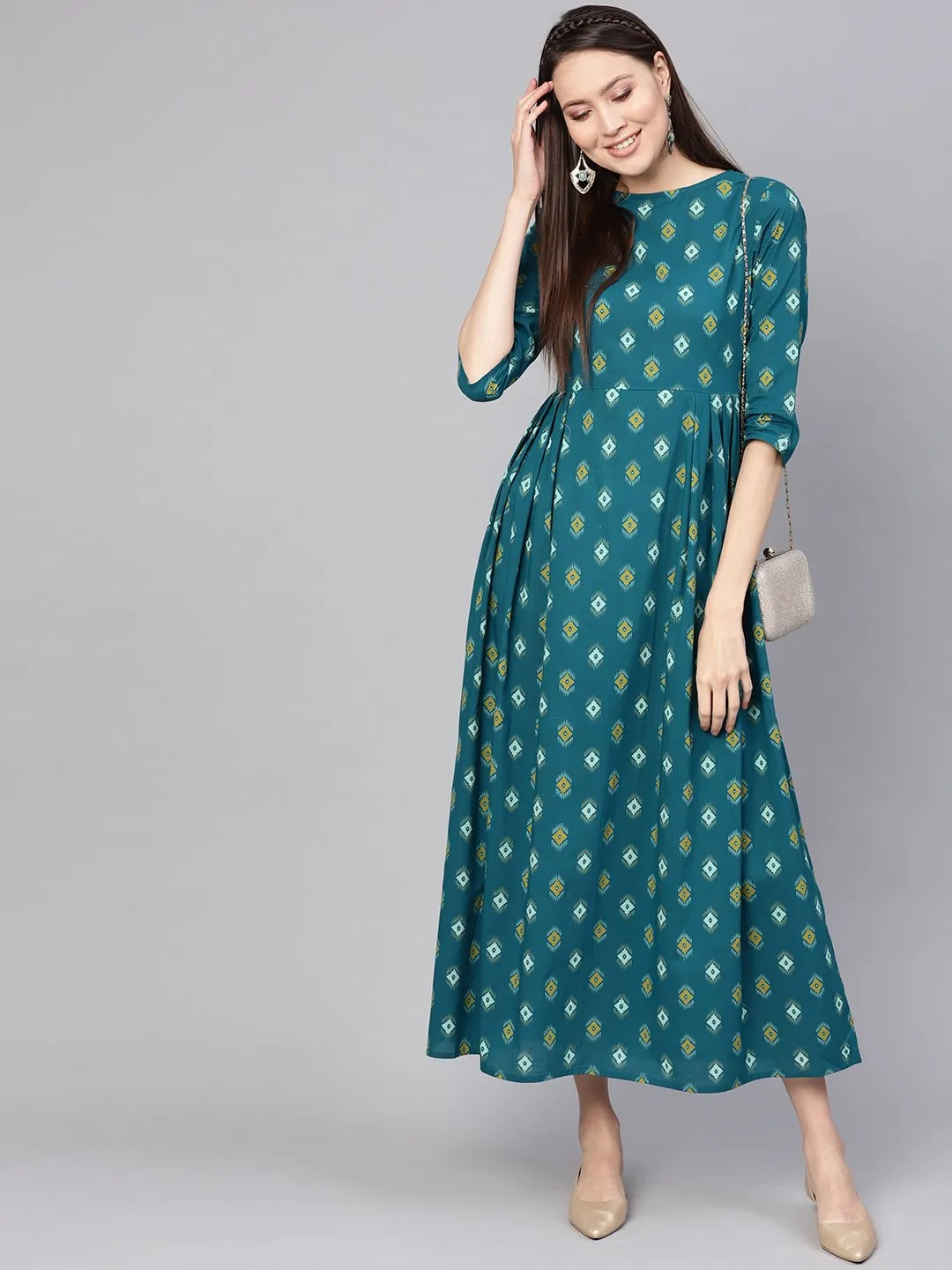 Women Teal Blue & Yellow Printed Maxi Dress