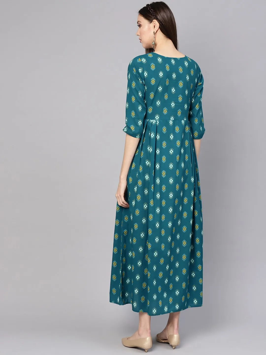 Women Teal Blue & Yellow Printed Maxi Dress