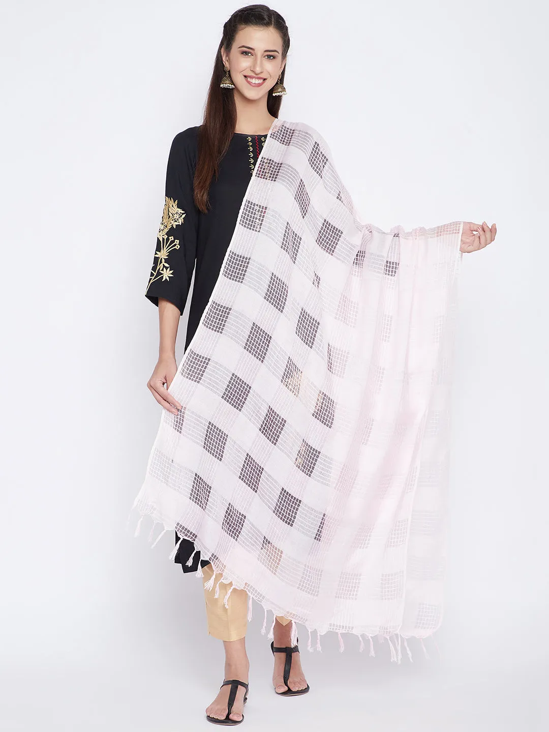 Women White Check Solid Dupatta