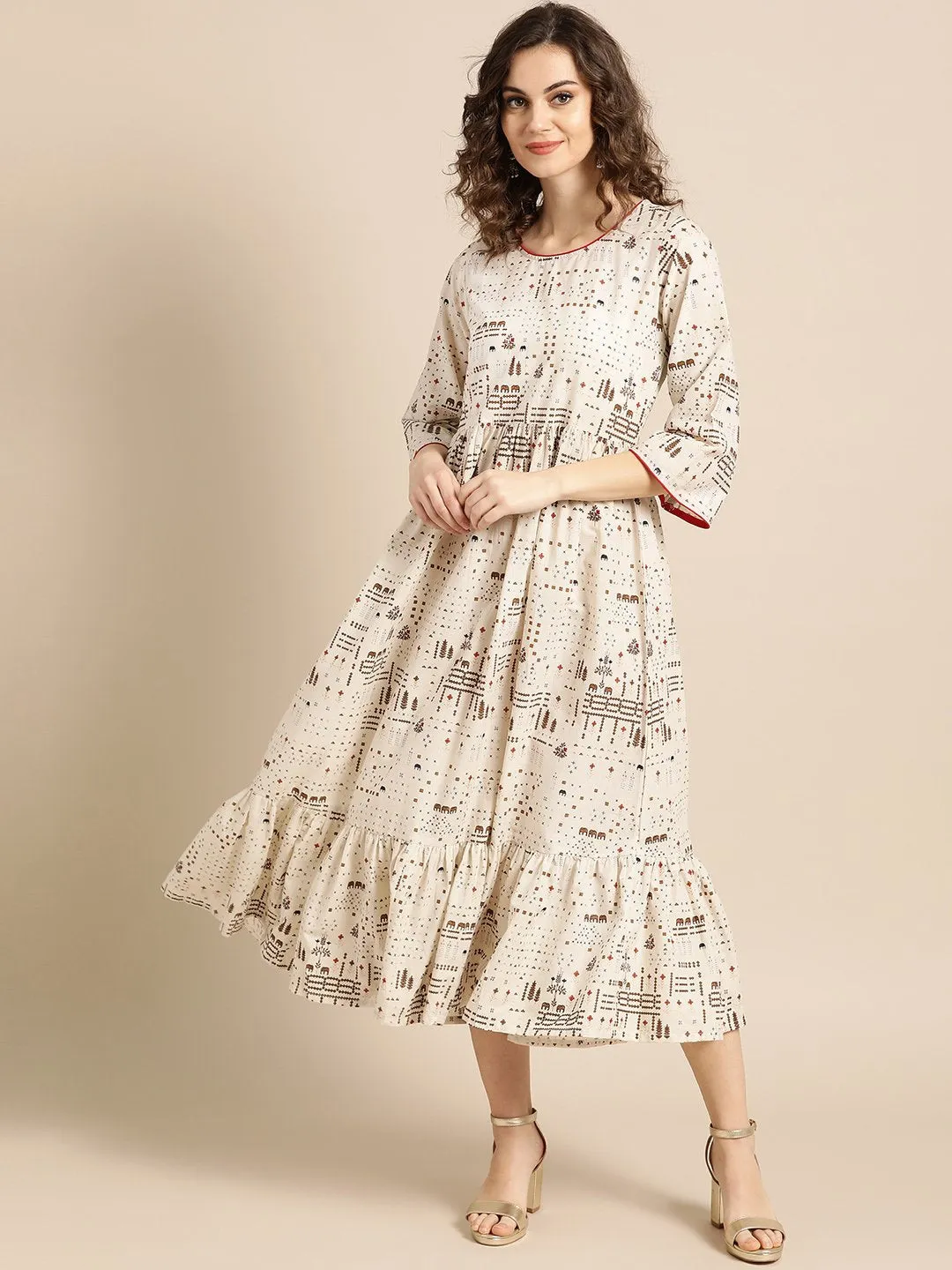 Women White Conversational Printed Round Neck Cotton Fit And Flare Dress