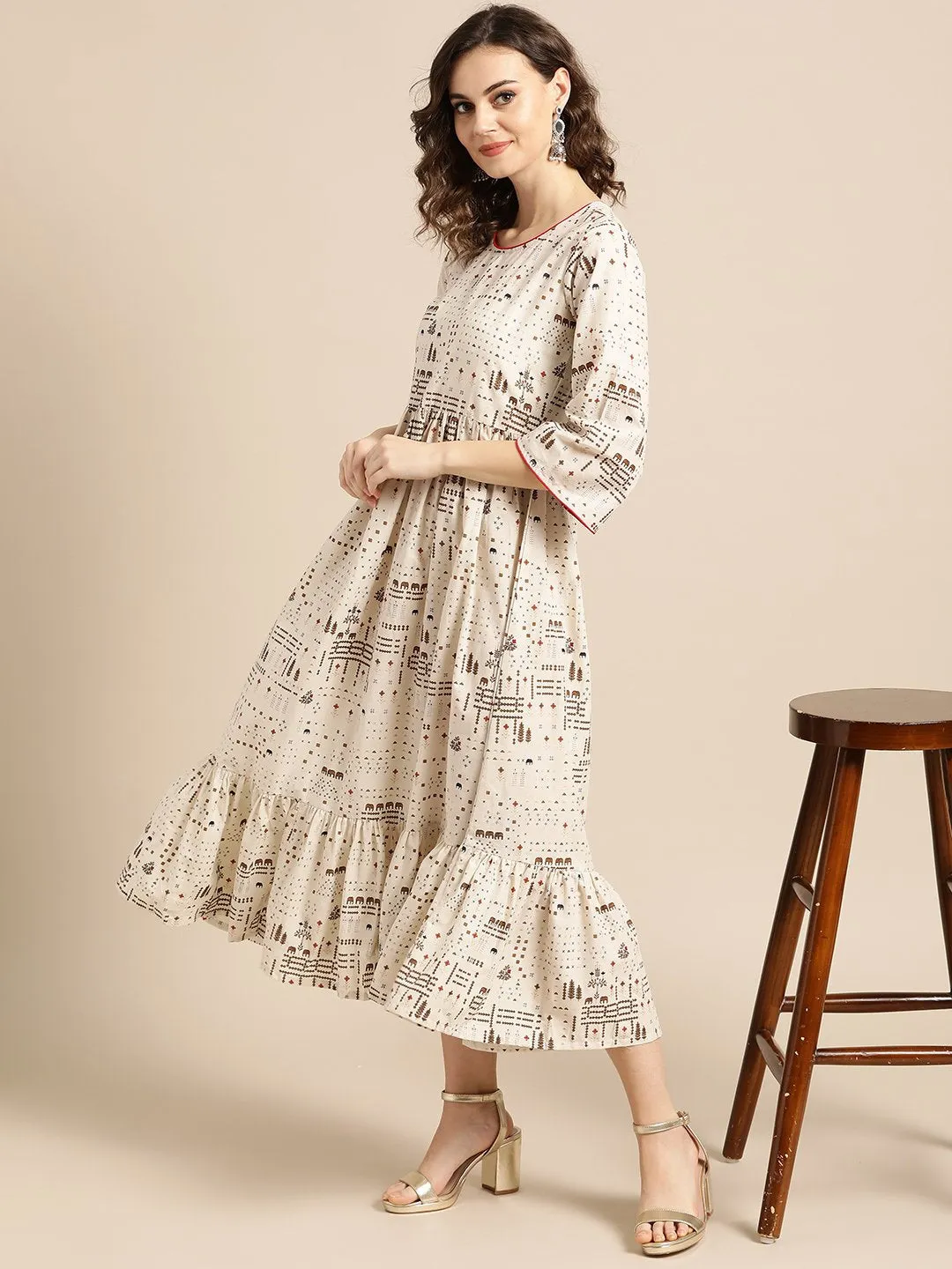 Women White Conversational Printed Round Neck Cotton Fit And Flare Dress