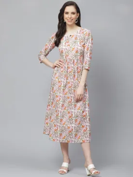 Women White Floral Printed Keyhole Neck Cotton A-Line Dress