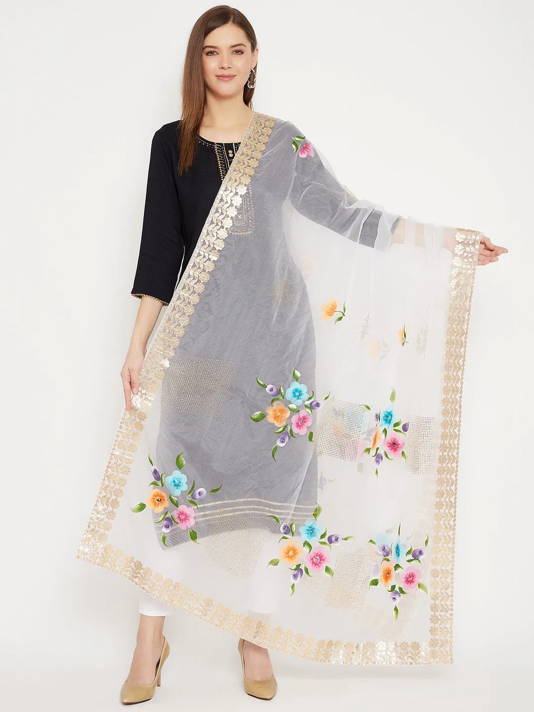 Women White Printed Organza Dupatta