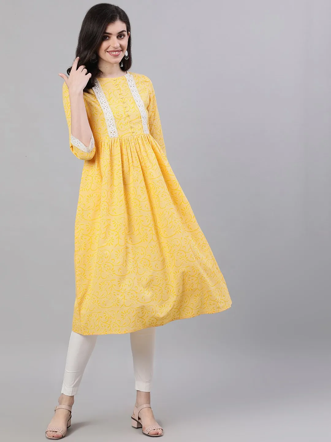 Women Yellow Front Yoke Lace Detail Printed Dress