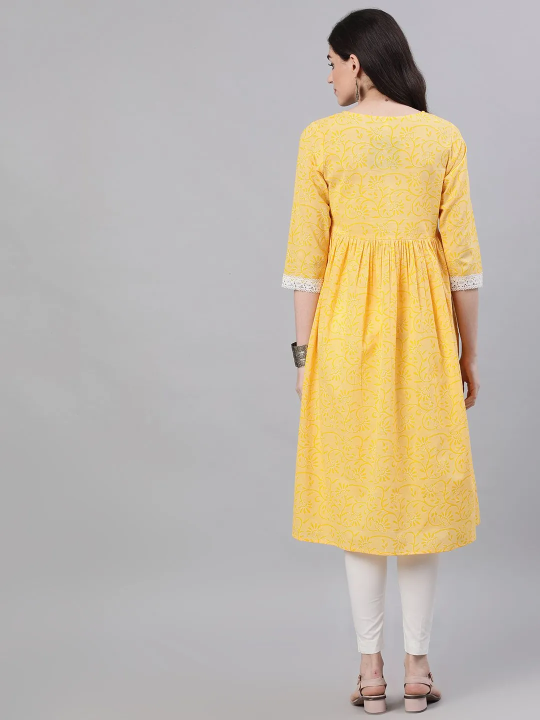 Women Yellow Front Yoke Lace Detail Printed Dress