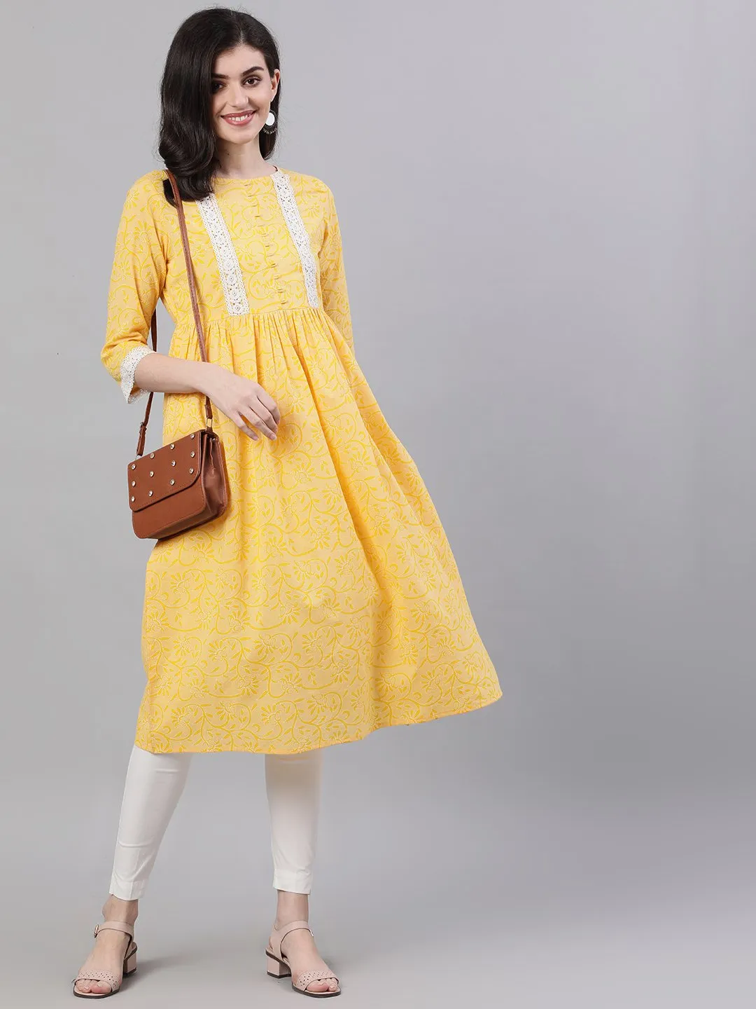 Women Yellow Front Yoke Lace Detail Printed Dress