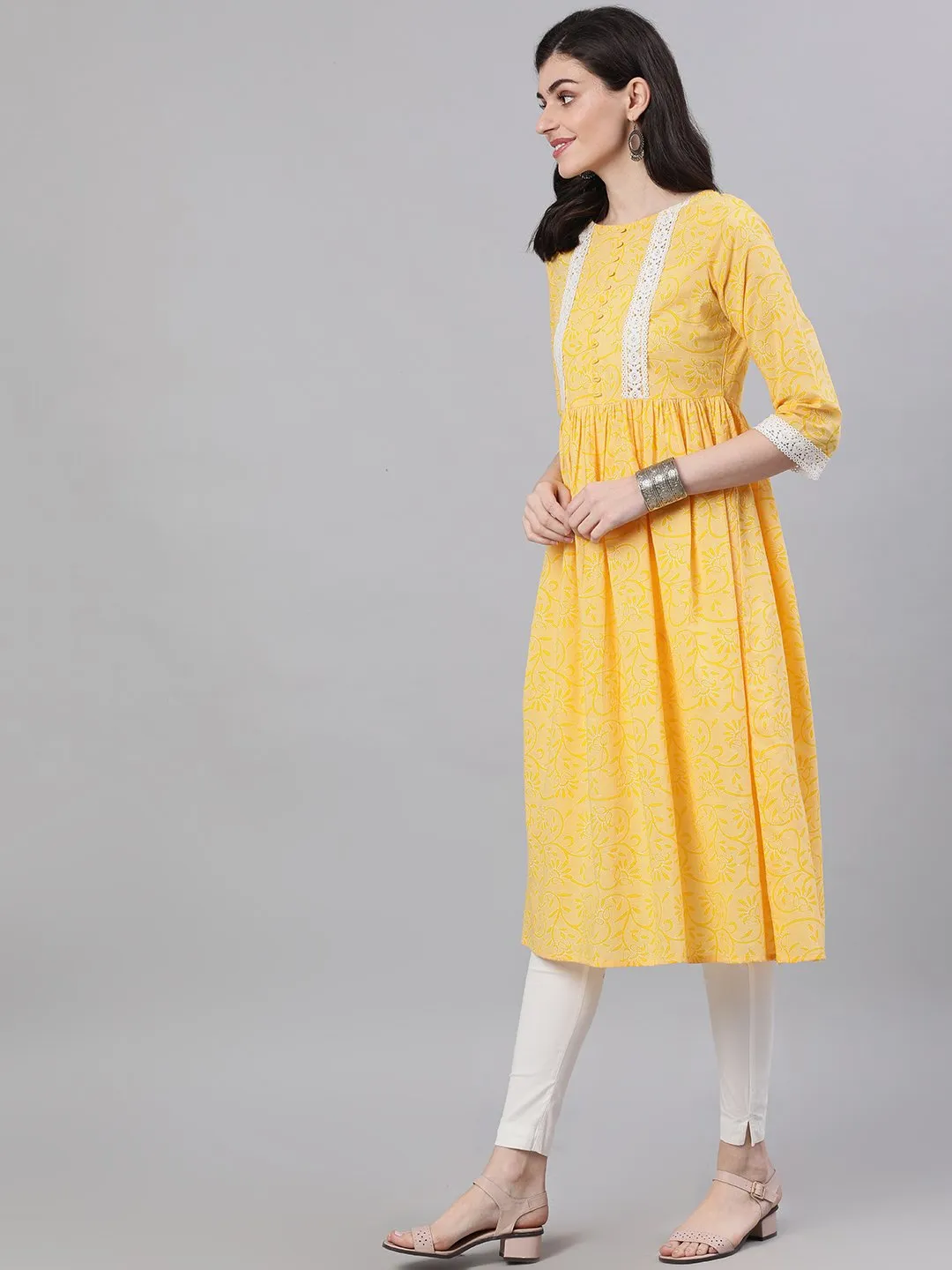 Women Yellow Front Yoke Lace Detail Printed Dress