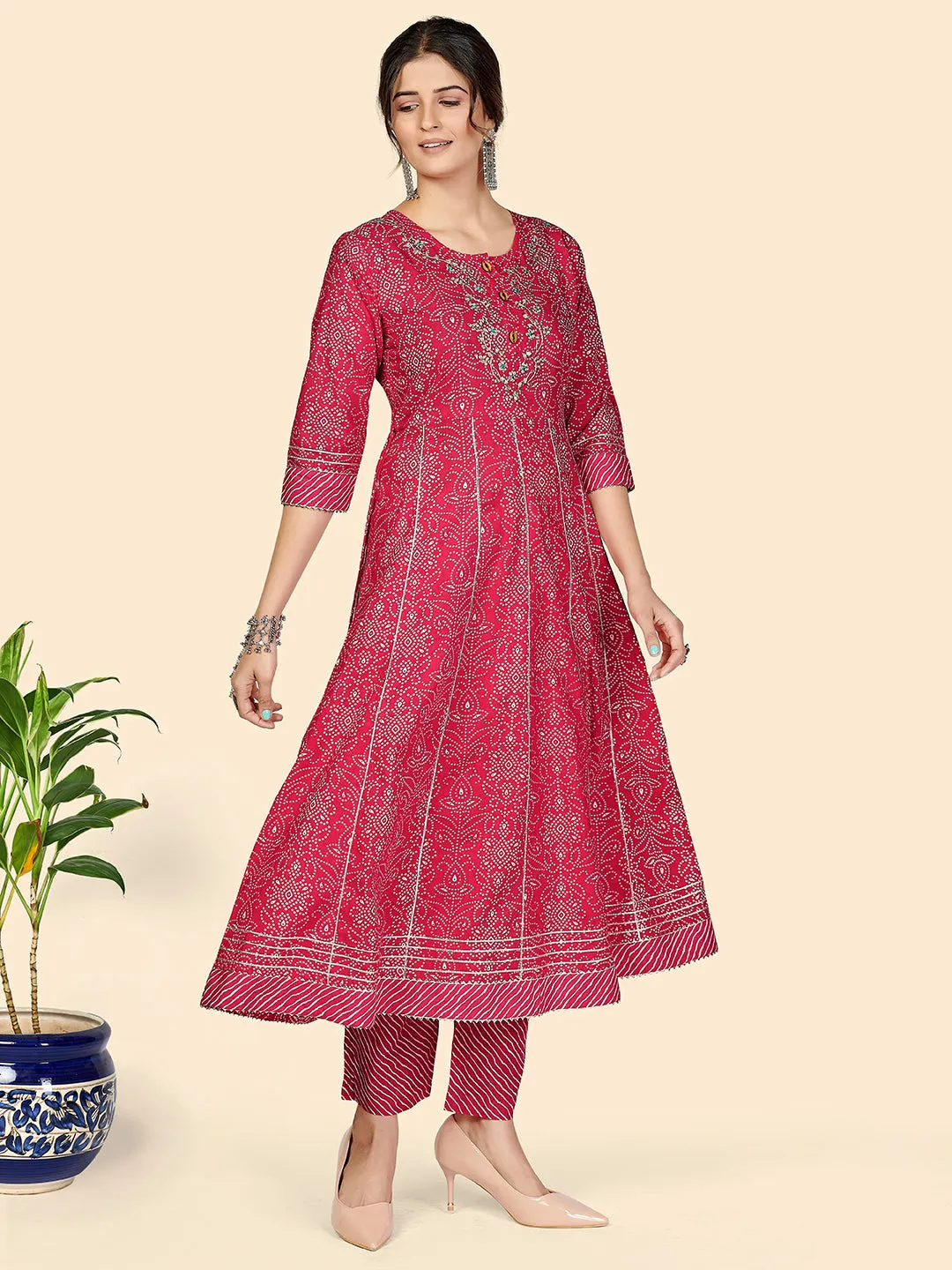 Women'S Bandhani & Embroidered Anarkali Cotton Dark Pink Stitched Kurta Pant With Dupatta