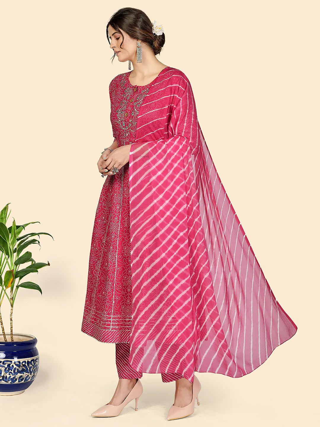 Women'S Bandhani & Embroidered Anarkali Cotton Dark Pink Stitched Kurta Pant With Dupatta