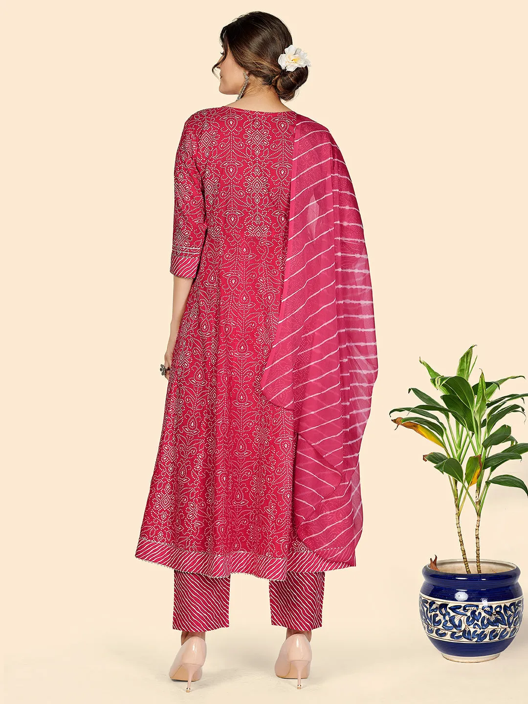 Women'S Bandhani & Embroidered Anarkali Cotton Dark Pink Stitched Kurta Pant With Dupatta