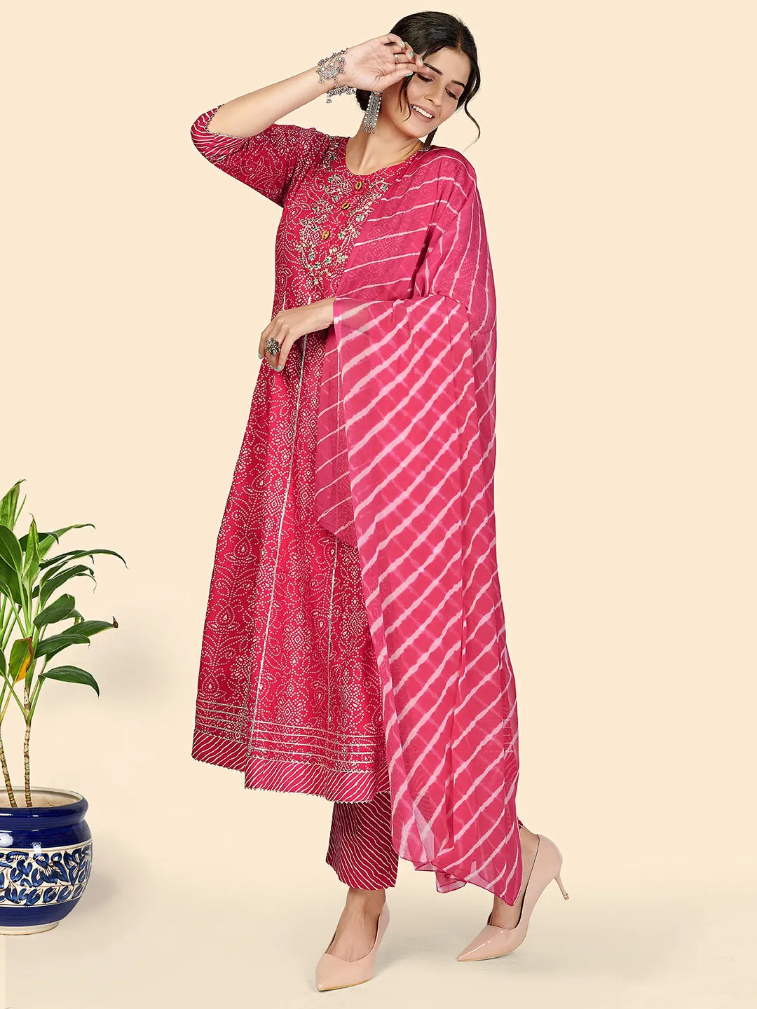 Women'S Bandhani & Embroidered Anarkali Cotton Dark Pink Stitched Kurta Pant With Dupatta