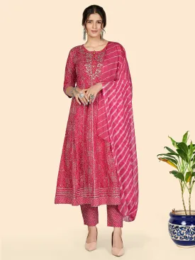 Women'S Bandhani & Embroidered Anarkali Cotton Dark Pink Stitched Kurta Pant With Dupatta