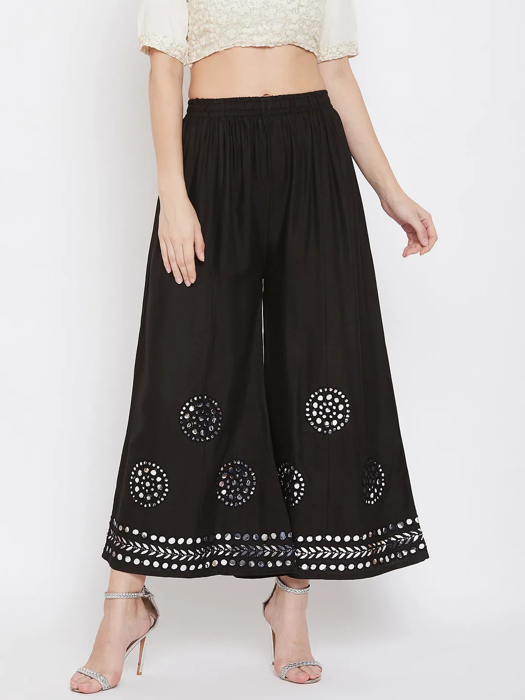 Women'S Black Mirror Work Rayon Sharara