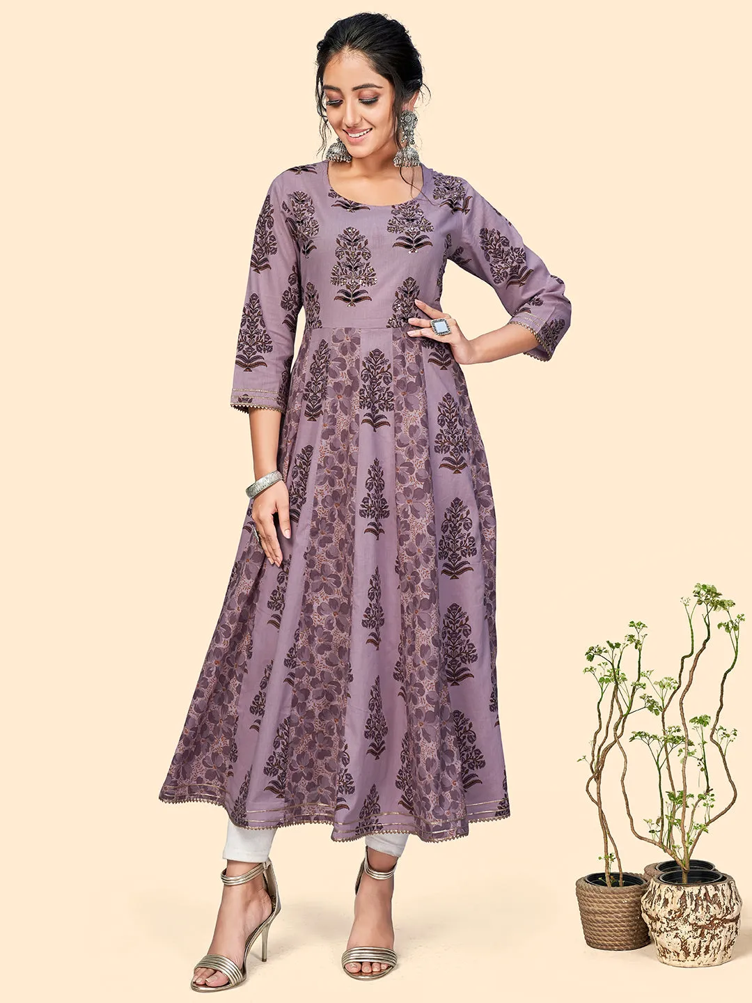 Women'S Cotton Printed & Sequience Anarkali Stitched Kurta