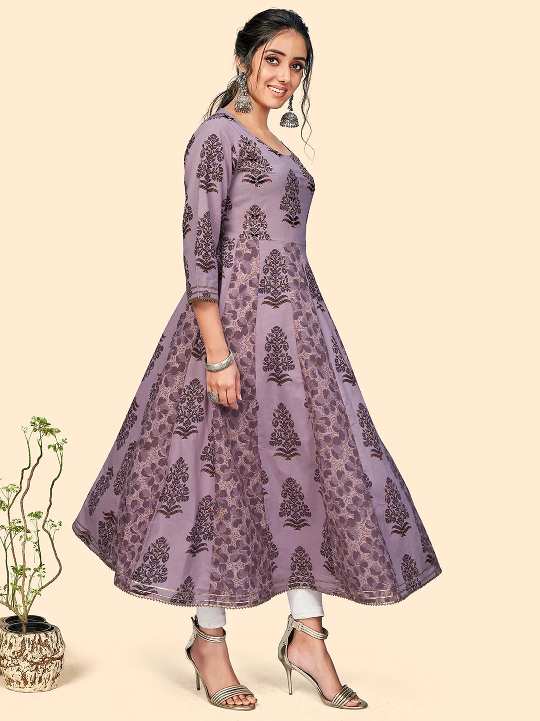 Women'S Cotton Printed & Sequience Anarkali Stitched Kurta