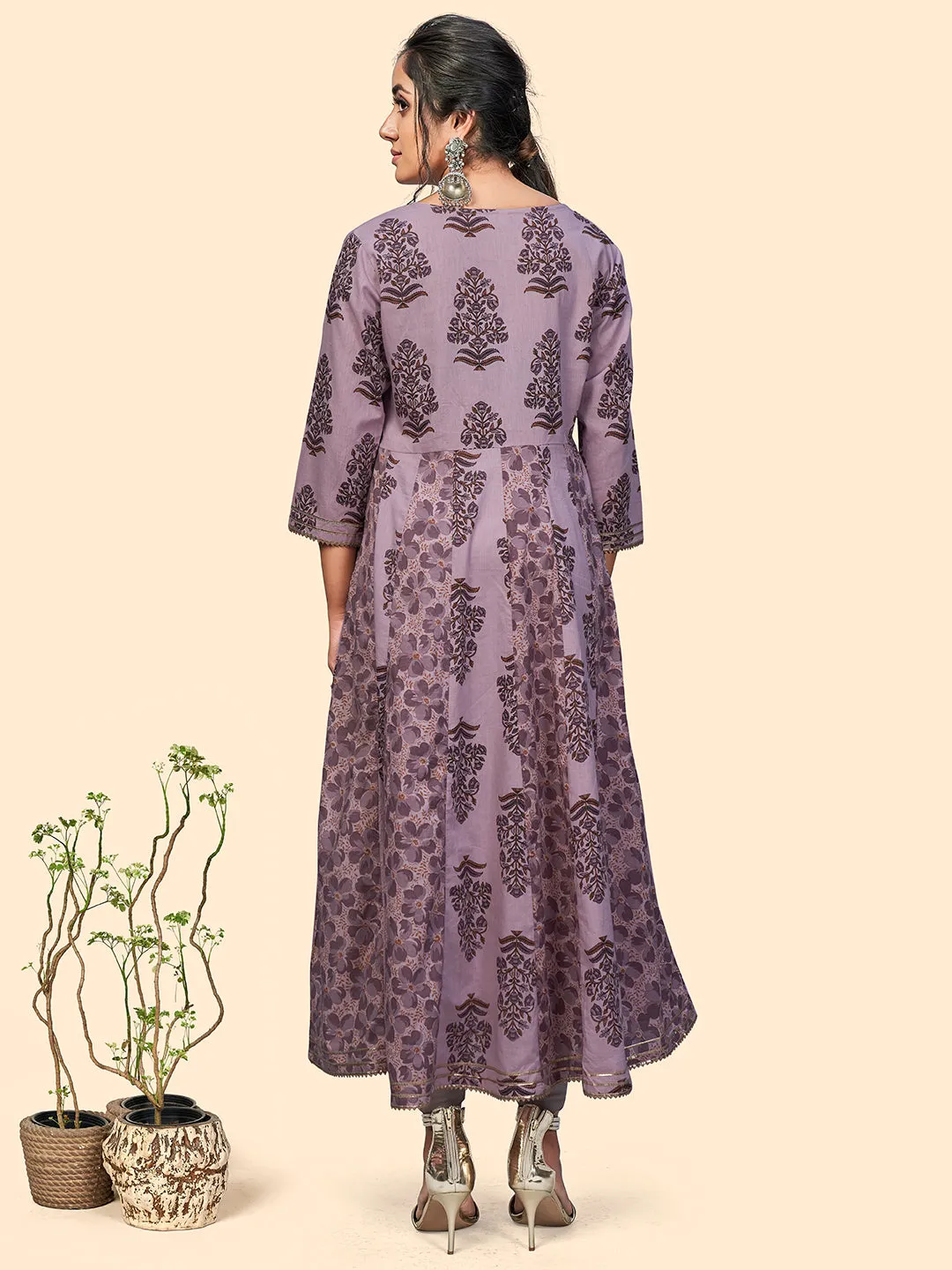 Women'S Cotton Printed & Sequience Anarkali Stitched Kurta