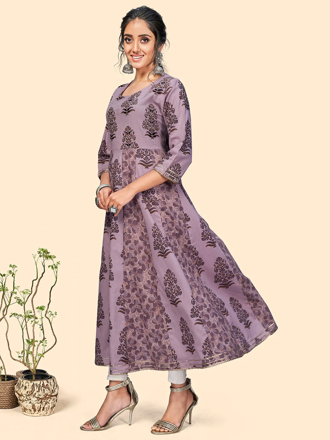 Women'S Cotton Printed & Sequience Anarkali Stitched Kurta