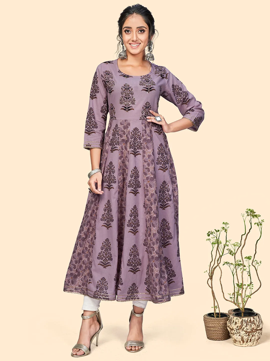 Women'S Cotton Printed & Sequience Anarkali Stitched Kurta