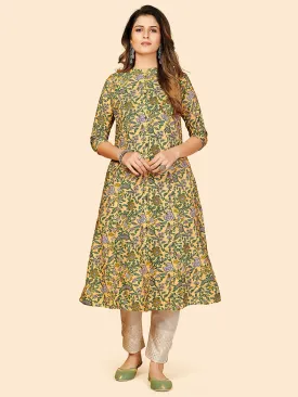 Women'S Floral Print A-Line Cotton Yellow Stitched Kurta