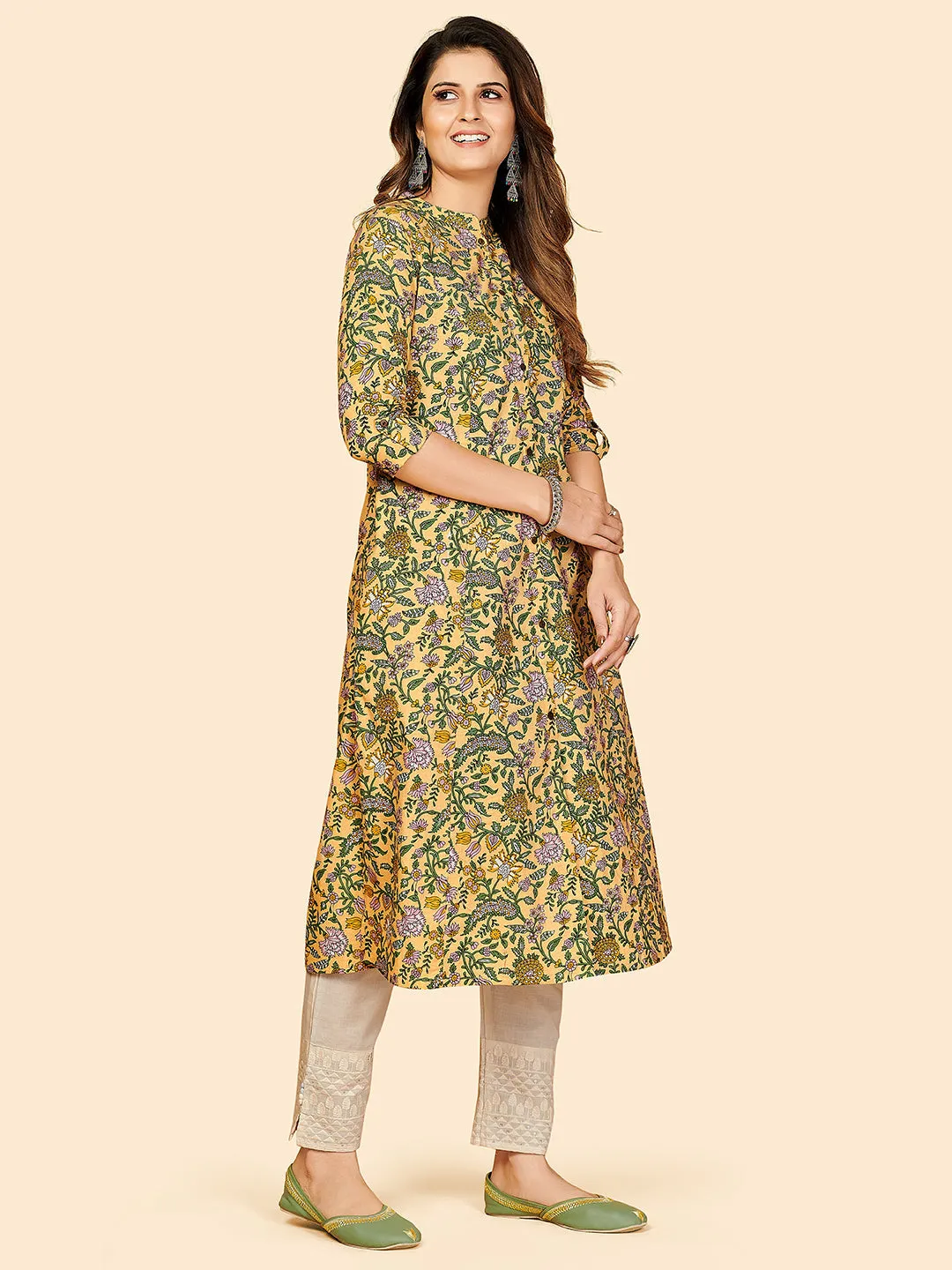 Women'S Floral Print A-Line Cotton Yellow Stitched Kurta