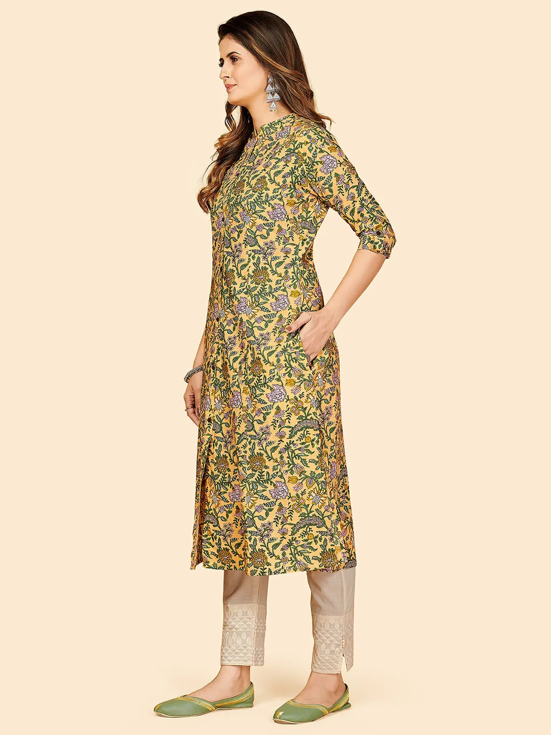 Women'S Floral Print A-Line Cotton Yellow Stitched Kurta