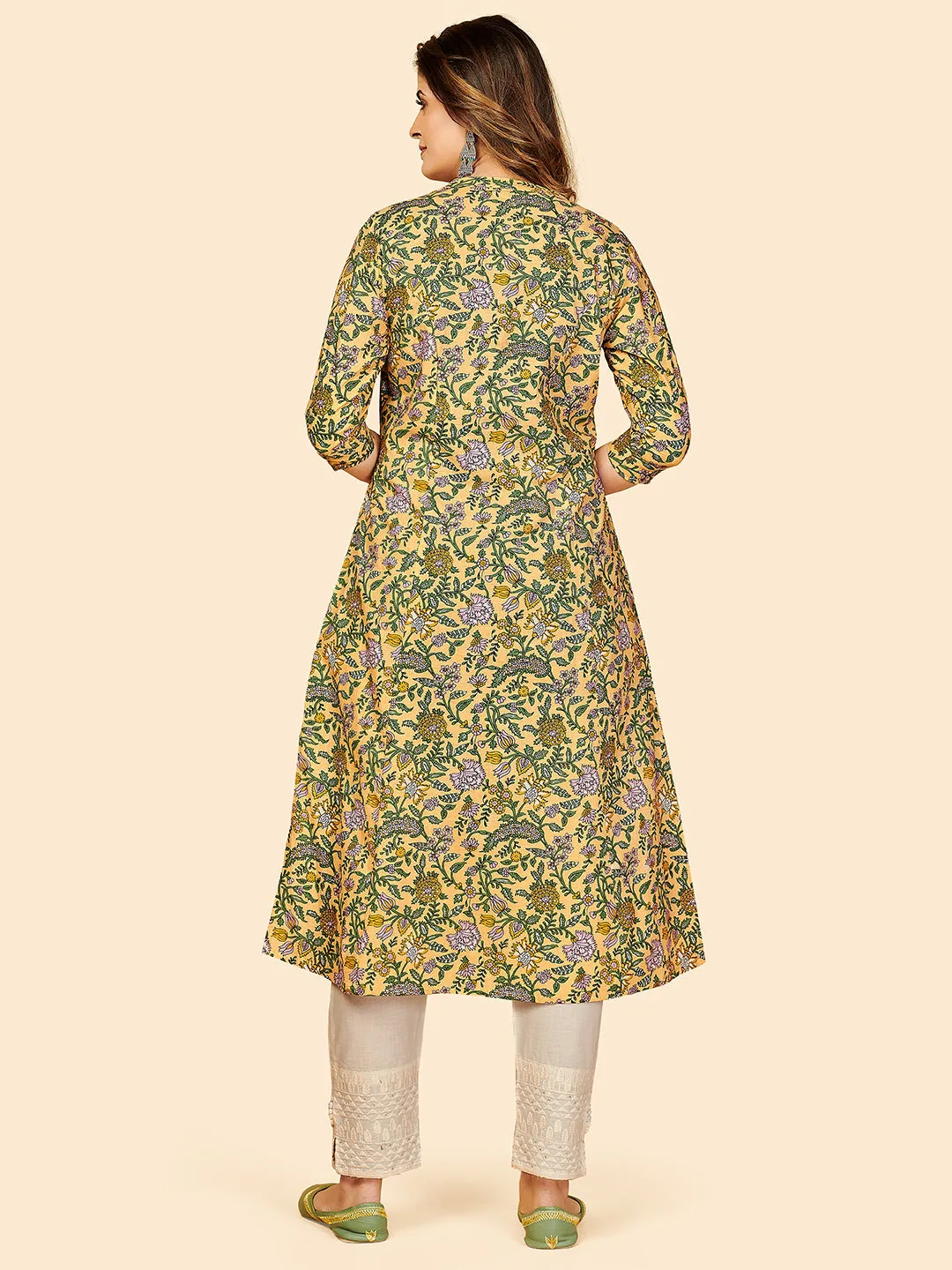 Women'S Floral Print A-Line Cotton Yellow Stitched Kurta