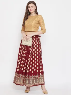 Women'S Maroon Flared Printed Skirt