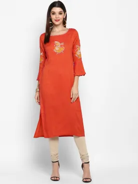 Women'S Orange Color Rayon Straight Kurta  (1Pc)