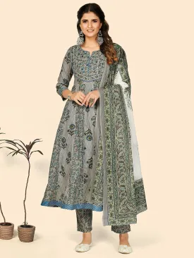 Women'S Print & Embroidered Anarkali Cotton Grey Stitched Kurta Pant With Dupatta