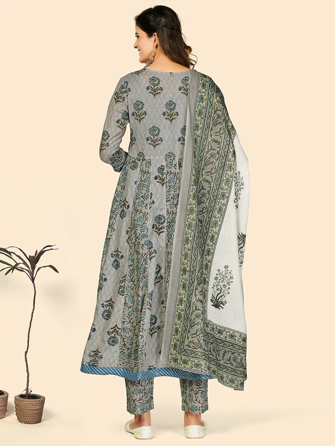 Women'S Print & Embroidered Anarkali Cotton Grey Stitched Kurta Pant With Dupatta