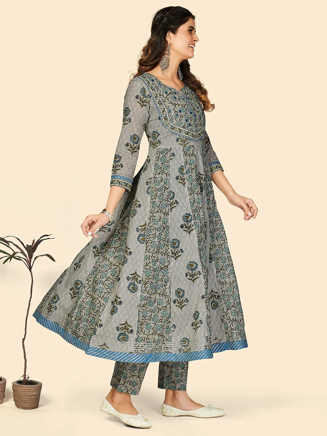 Women'S Print & Embroidered Anarkali Cotton Grey Stitched Kurta Pant With Dupatta