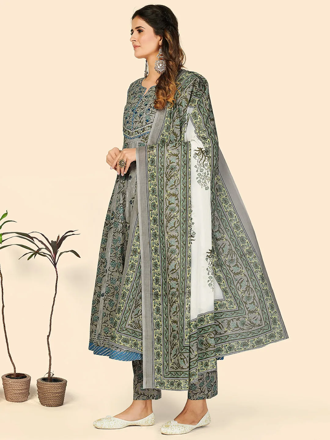 Women'S Print & Embroidered Anarkali Cotton Grey Stitched Kurta Pant With Dupatta