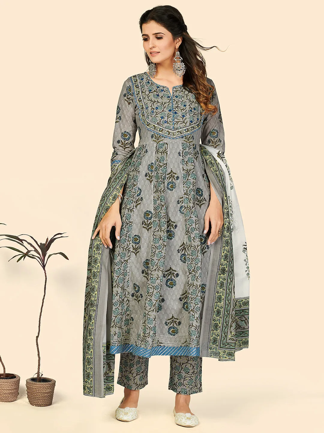 Women'S Print & Embroidered Anarkali Cotton Grey Stitched Kurta Pant With Dupatta