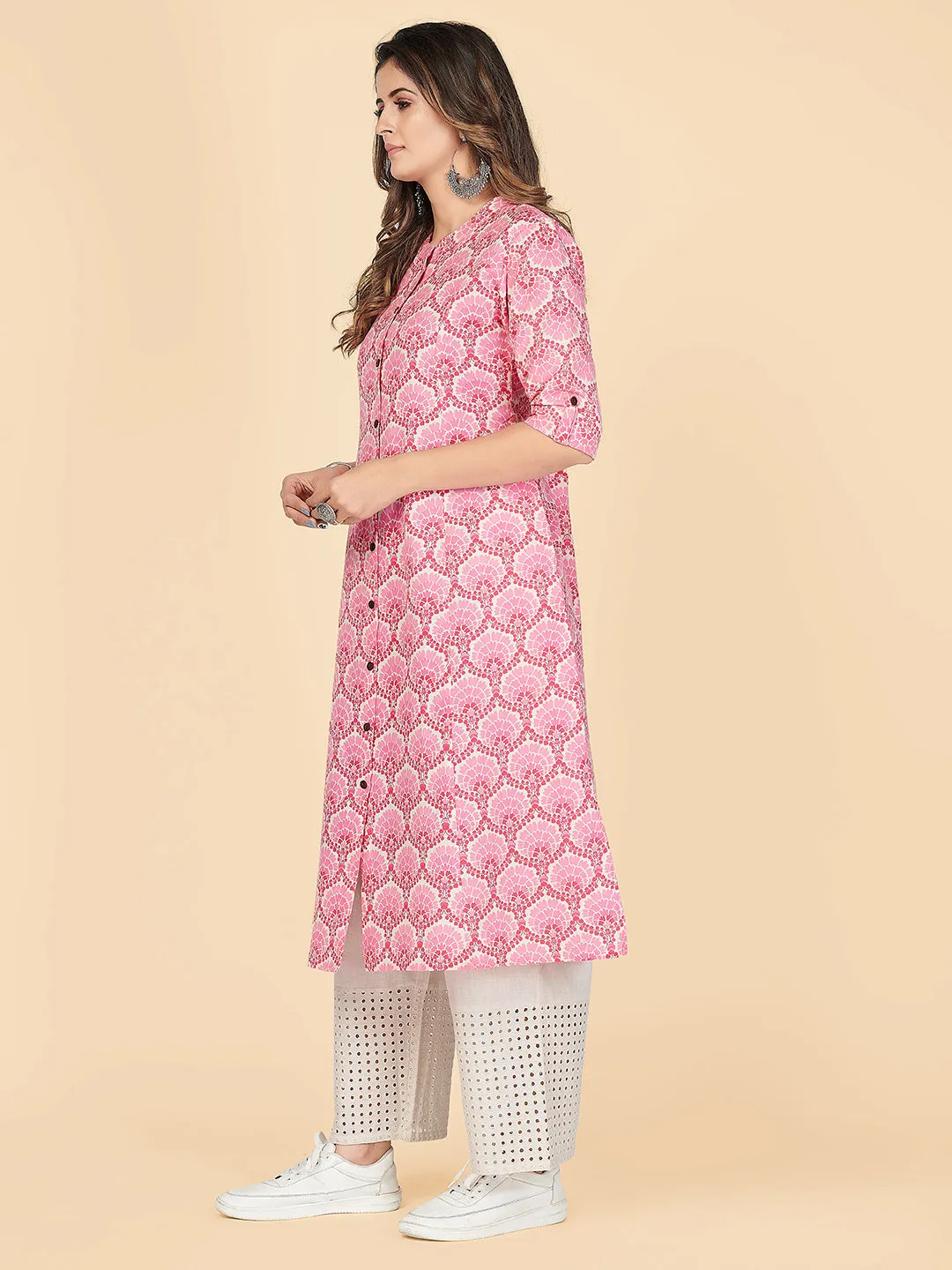 Women'S Printed A-Line  Cotton Pink Stitched Kurta With Multiple Slit