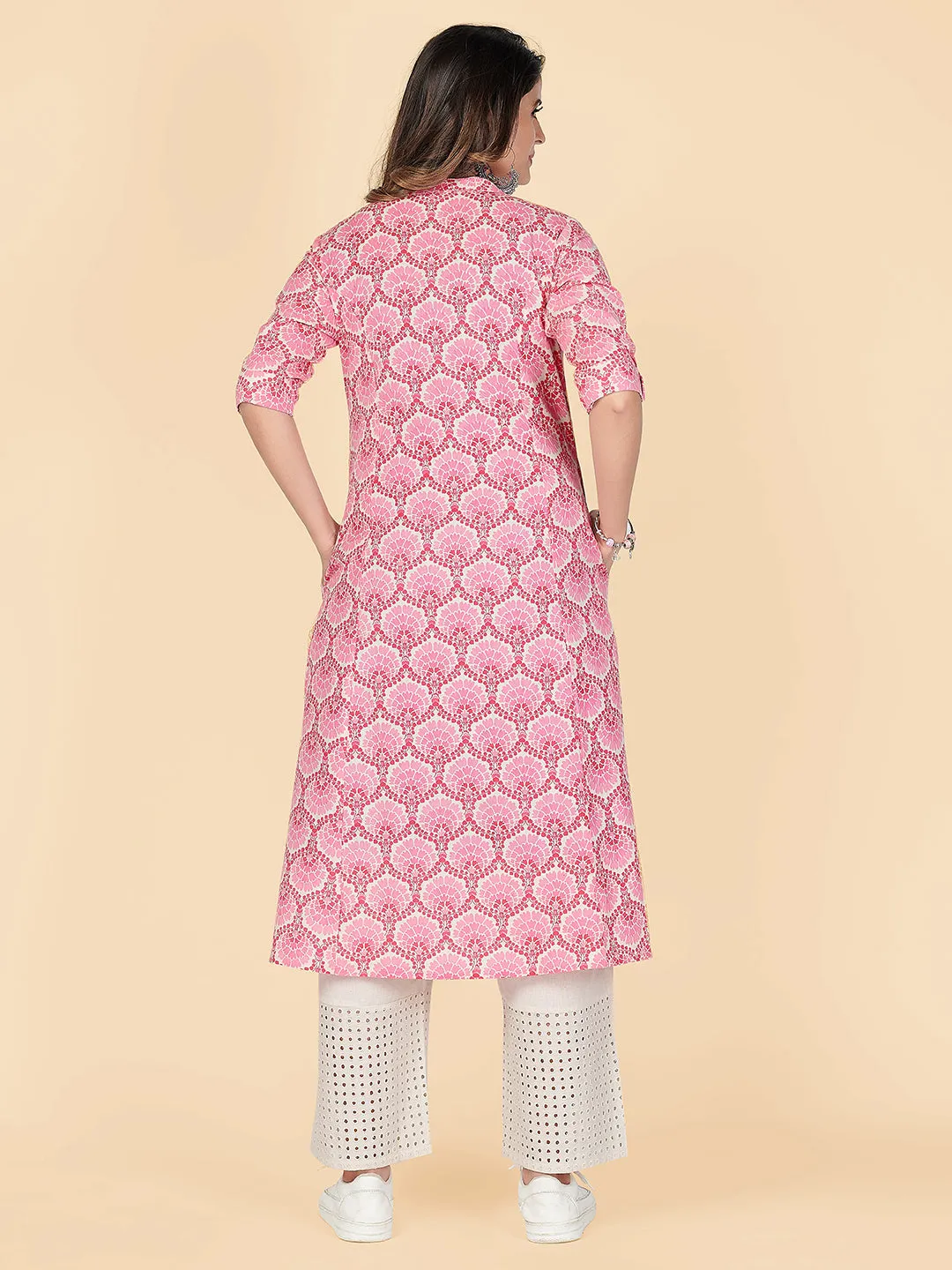 Women'S Printed A-Line  Cotton Pink Stitched Kurta With Multiple Slit