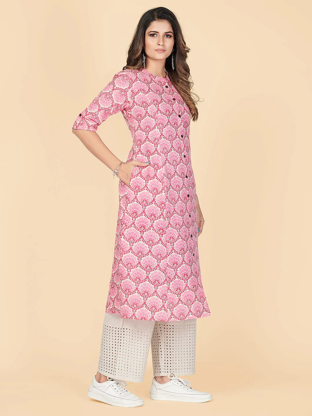 Women'S Printed A-Line  Cotton Pink Stitched Kurta With Multiple Slit