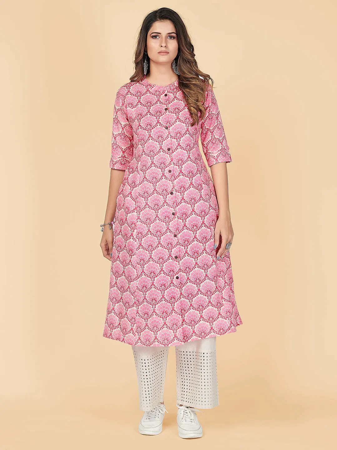 Women'S Printed A-Line  Cotton Pink Stitched Kurta With Multiple Slit