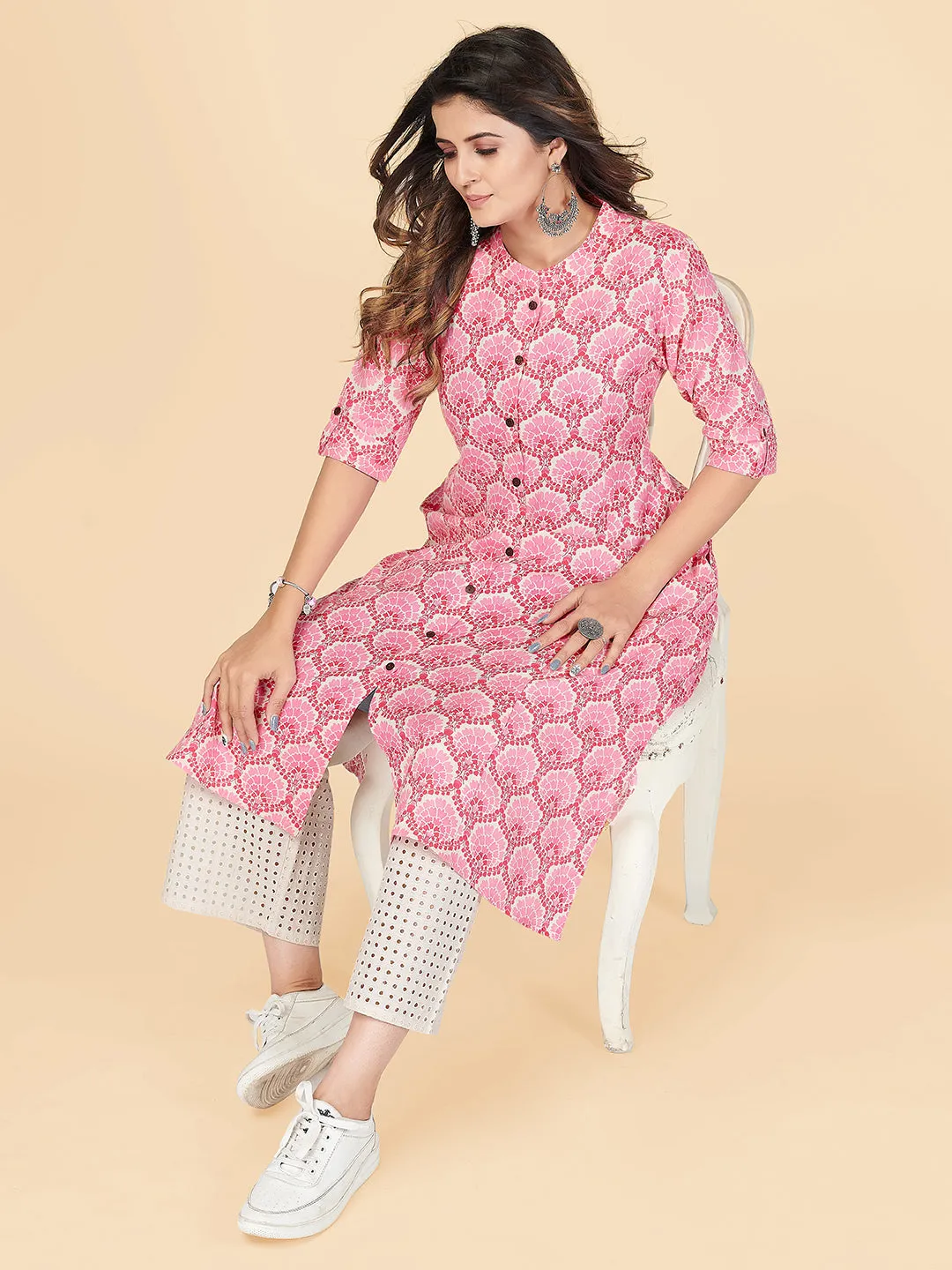 Women'S Printed A-Line  Cotton Pink Stitched Kurta With Multiple Slit