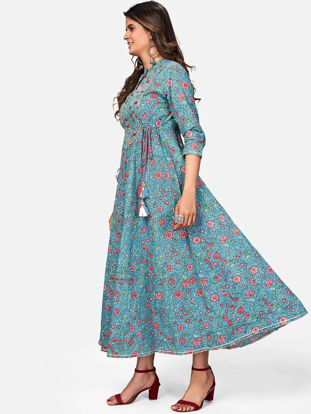 Women'S Printed & Embroidered Anarkali Cotton Turquoise Kurta (1Pc)